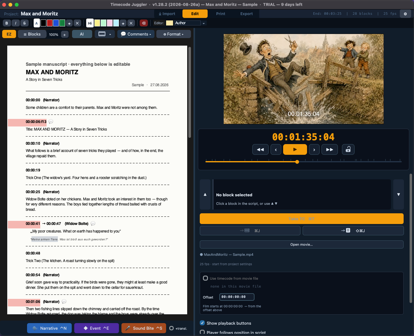 Timecode Juggler with the script on the left and the player on the right